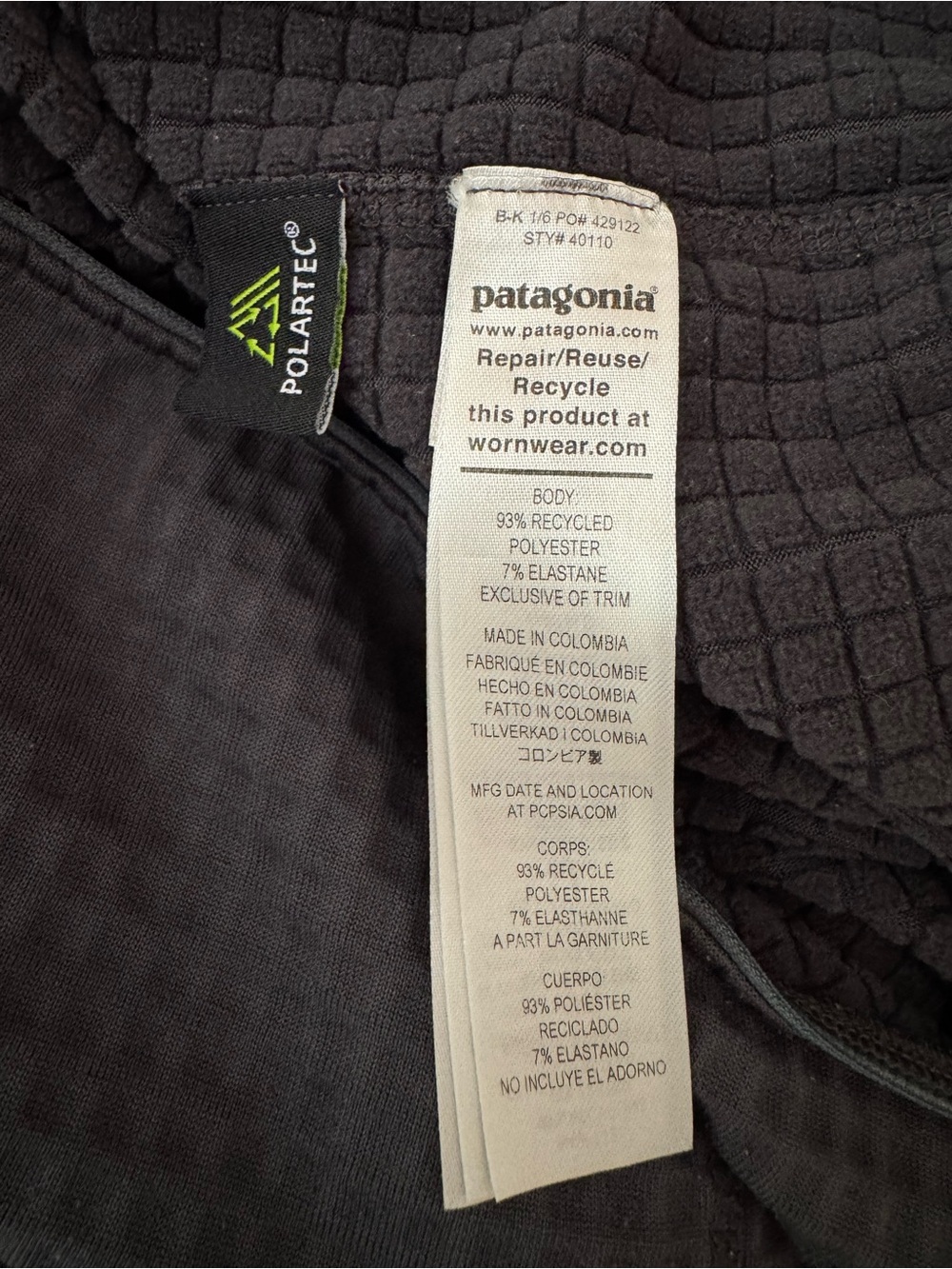 Patagonia R1 Fleece Quarter Zip Pullover Charcoal Gray Polartec Power Grid, Sz L - Picture 10 of 12